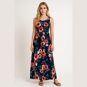 Zattcas Womens Navy Floral Crew Neck Sleeveless Stretch Maxi Dress Size XL